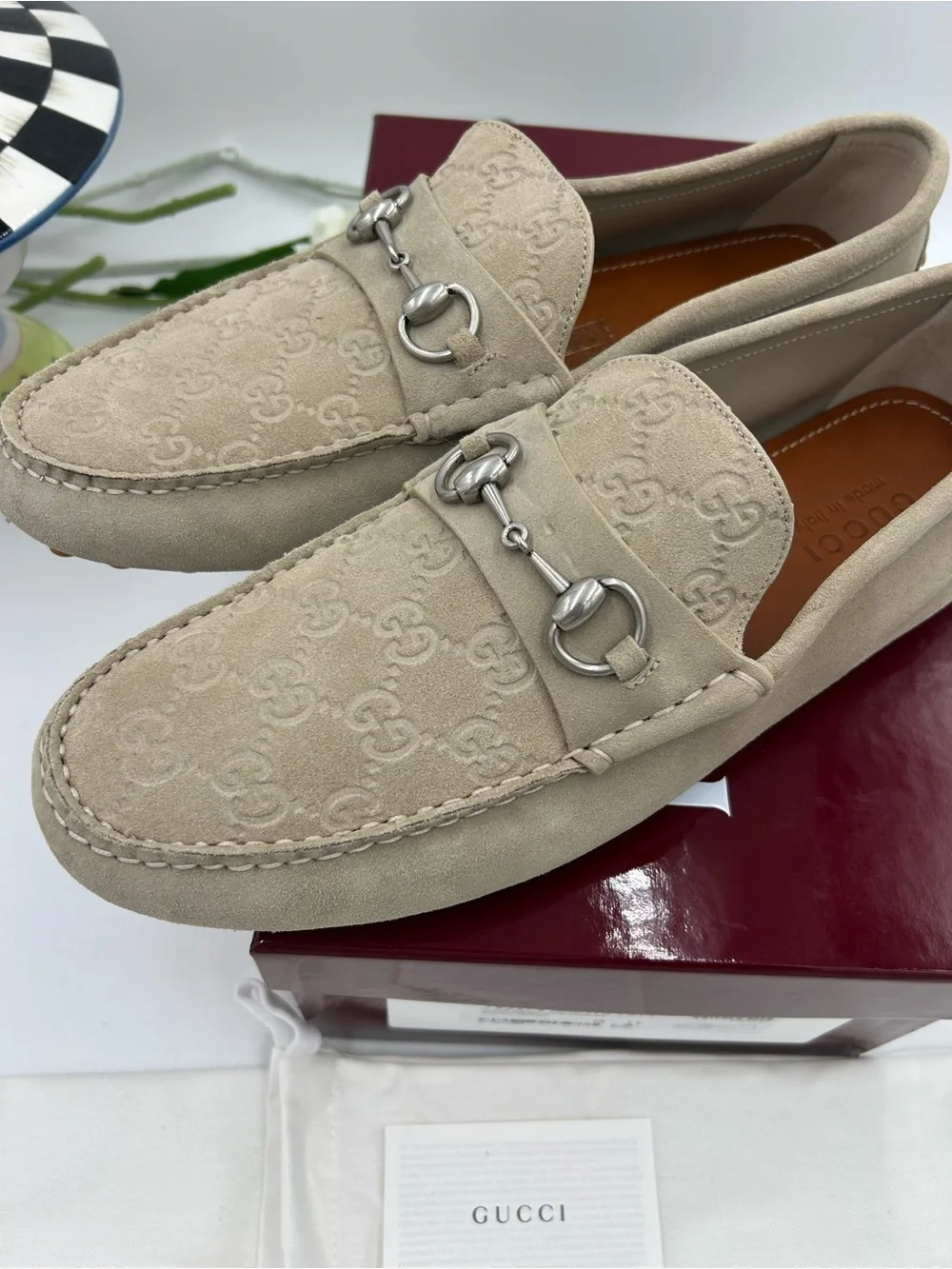 Men's Gucci GG embossed oatmeal suede driver loafers size 11 fits 12 US